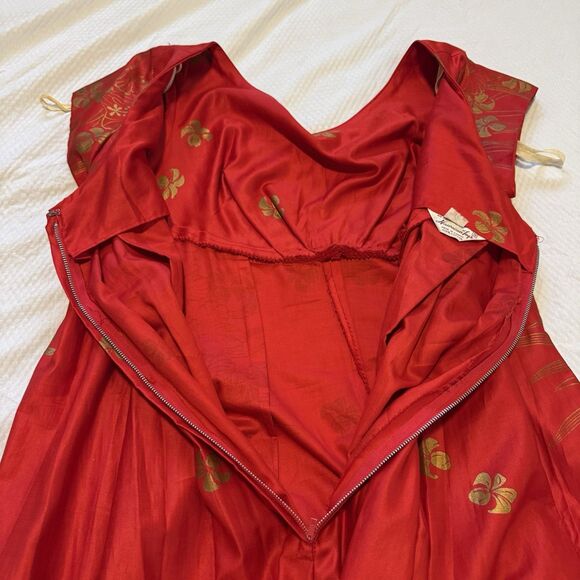 Vintage 60s Hawaiian Togs Maxi Dress Red Gold Metallic Floral Draped Back Small - Picture 10 of 13